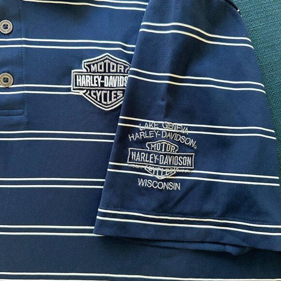 Harley Davidson Golf Polo Navy Blue and White Striped - Embroidered Logo - Picture 5 of 7